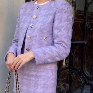 MANGO Lavender Lilac Purple Houndstooth tweed Textured Mini Skirt & crop jacket
